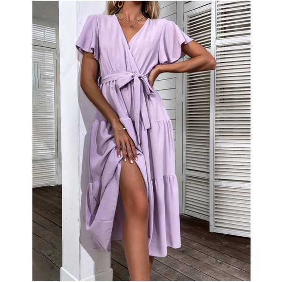 Bellanblue Dresses & Skirts - Boho Lilac Purple Butterfly Sleeve Belted Ruffle Maxi Dress